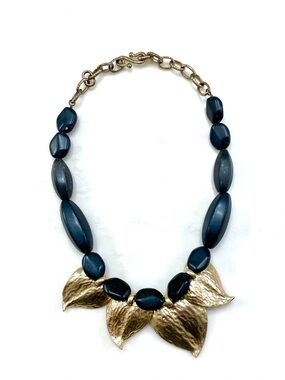 Chunky Gold Tone Leaf Panel & Black Beaded Statement Necklace